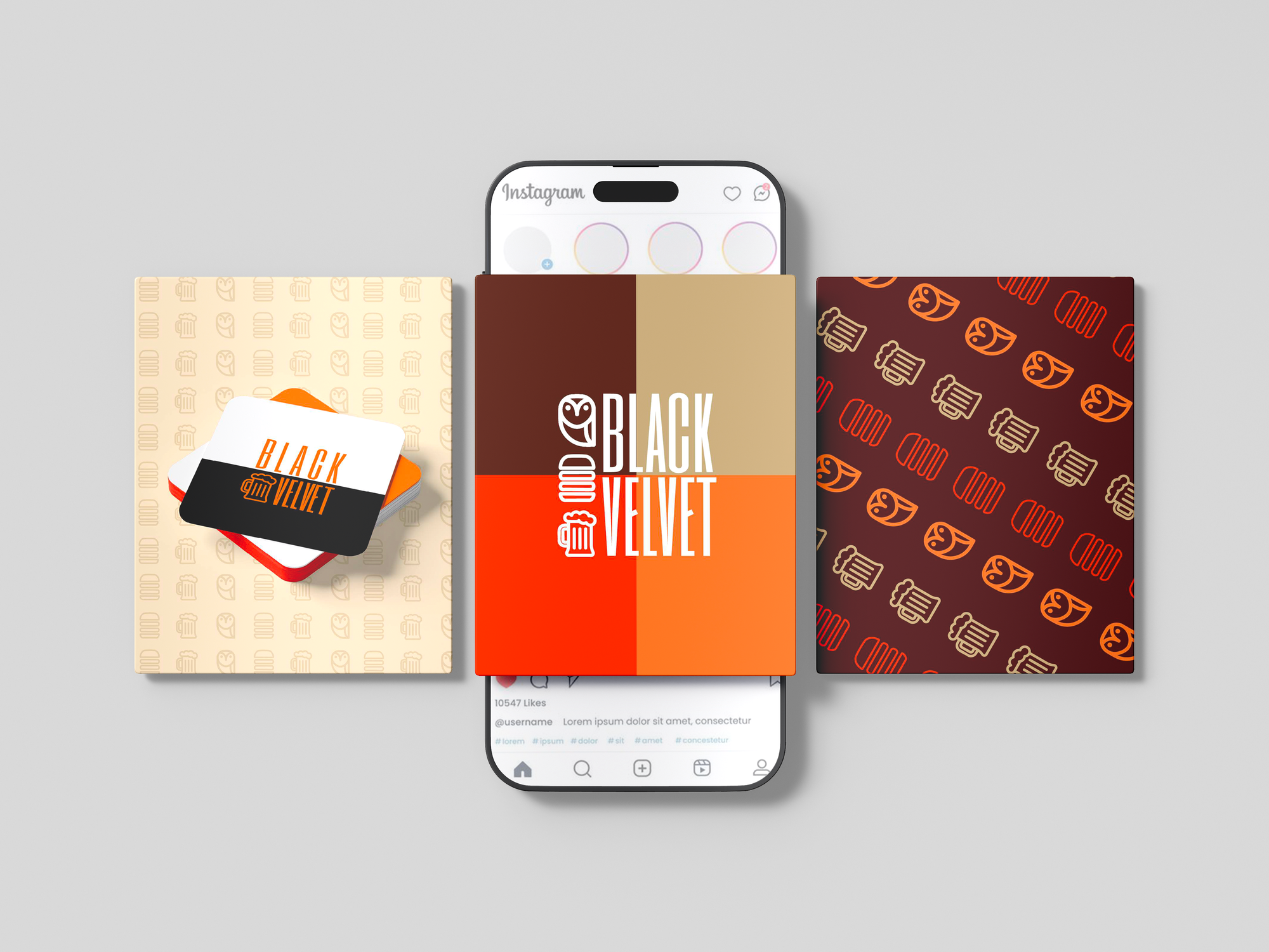 Mockup della identità Black Velvet su packaging, biglietti e social